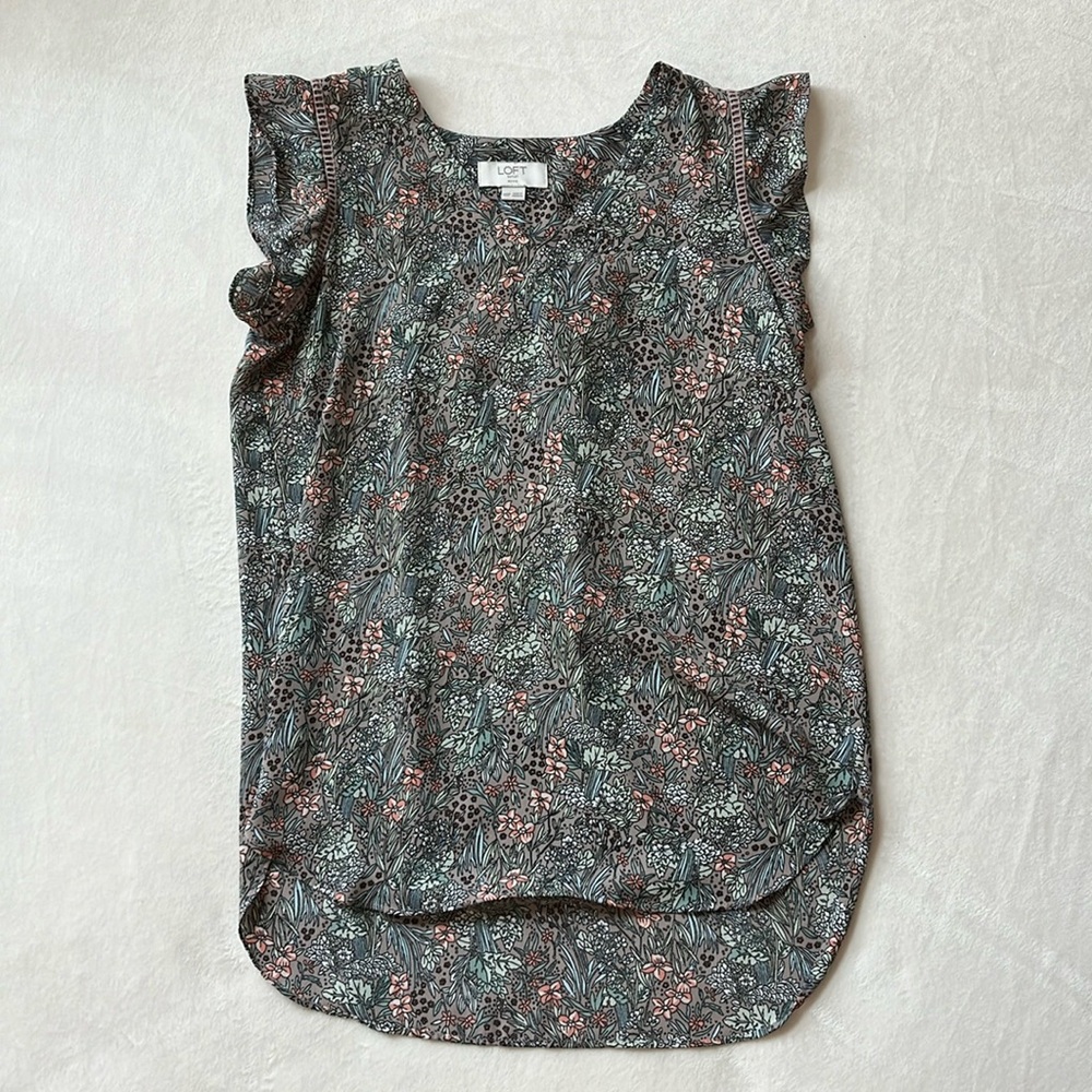 Loft Outlet XXSP Petite High-Low Floral Shirt Crochet Flutter Sleeve